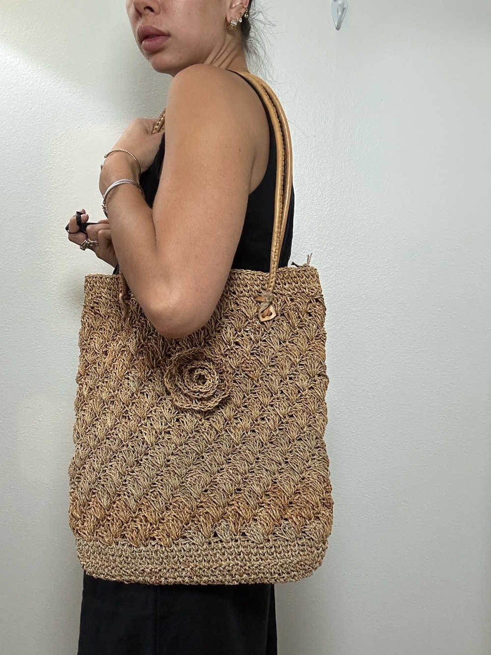 Brown Beige Woven Straw Handmade Tote Bag with Flower Accent & Leather Strap - Picture 13 of 14